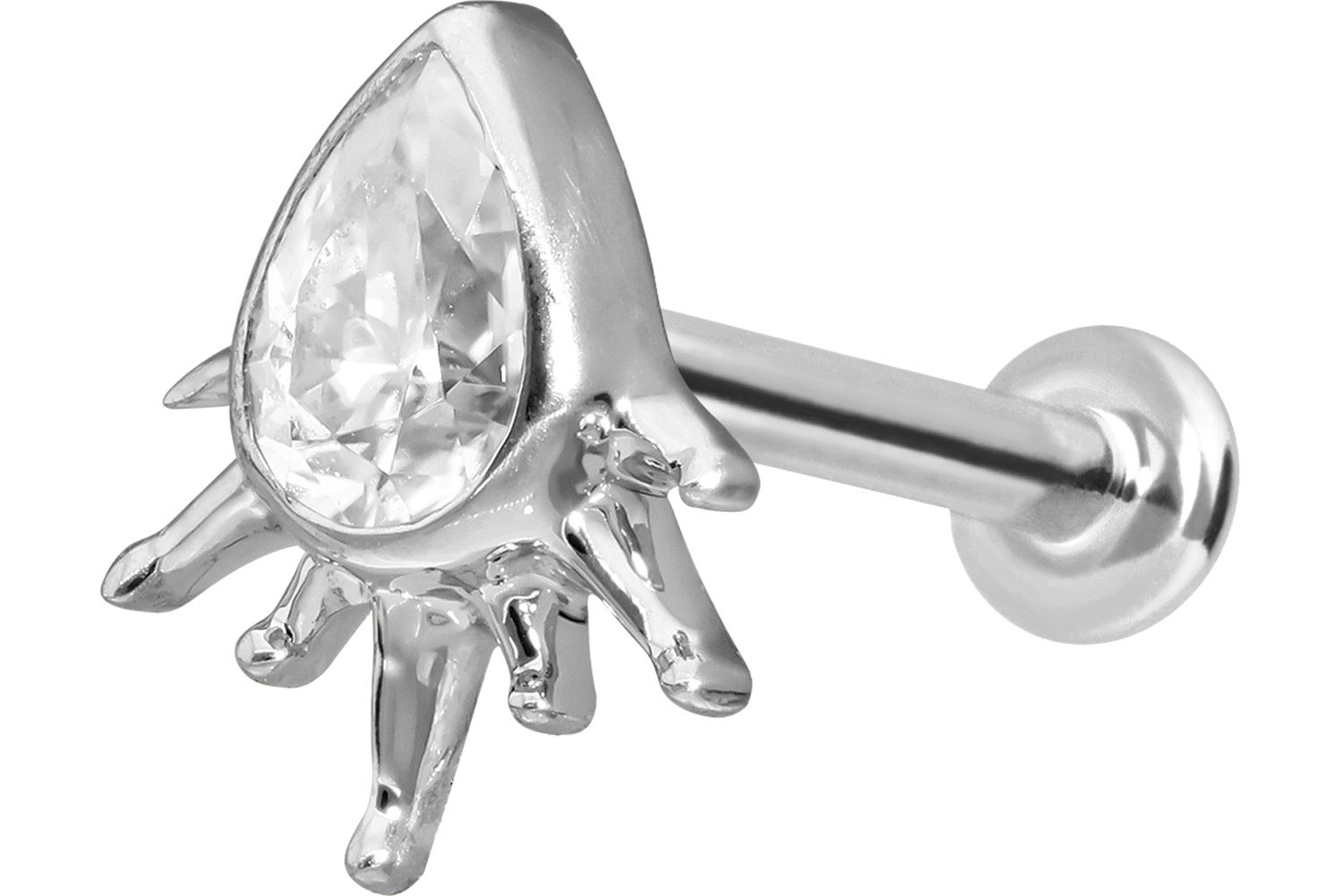 14 Karat Gold Labret Piercing mit Push Fit MOISSANIT-TROPFEN + SONNENSTRAHLEN
